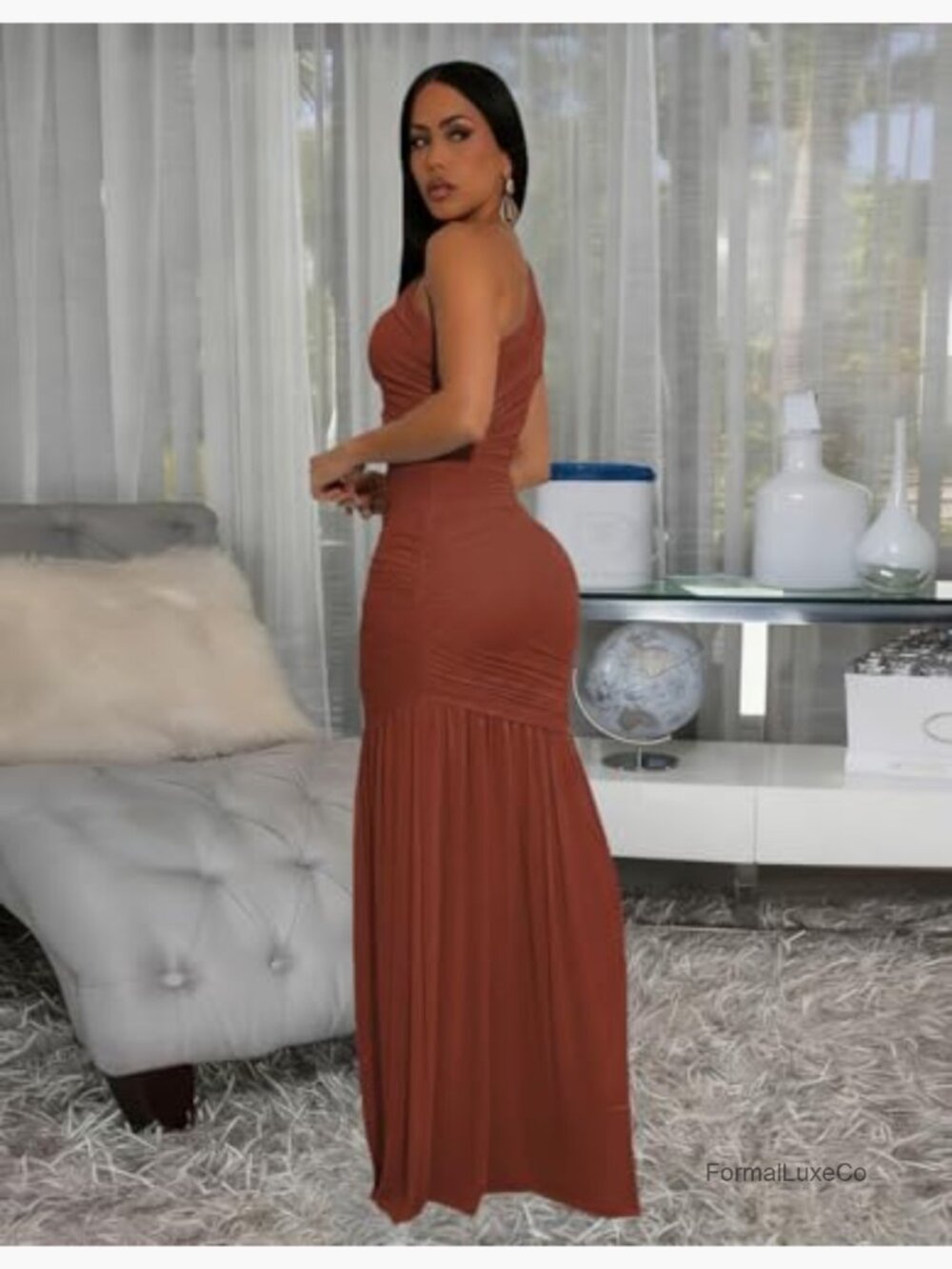 One Shoulder Bodycon Ruched Long Formal Dress - Picture 4 of 6